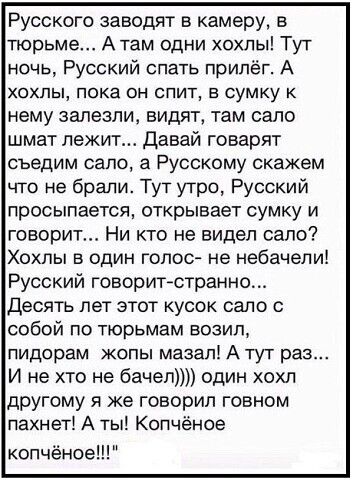 Русского заводят в камеру в тюрьме Атам одни хохлы Тут ночь Русский спать припёг А ХОХПЫ Пока он СПИТ В СУМКУ К нему залезли видят там сало шмат лежит Давай говарят съедим сало а Русскому скажем что не брали Тут утро Русский просыпается открывает сумку и говорит Ни кто не видел сало Хохлы в один голос не небачепи Русский говоритстранно Десять лет этот кусок сало собой по тюрьмам возил пидорам жопы