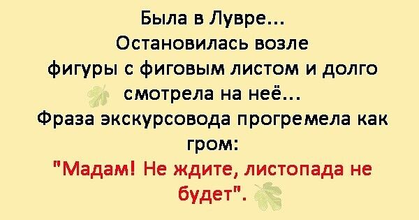 Была в Лувре Остановилась возле фигуры с фиговым листом и долго смотрела на неё Фраза экскурсовода прогремела как гром Мадам Не ждите листопада не будет