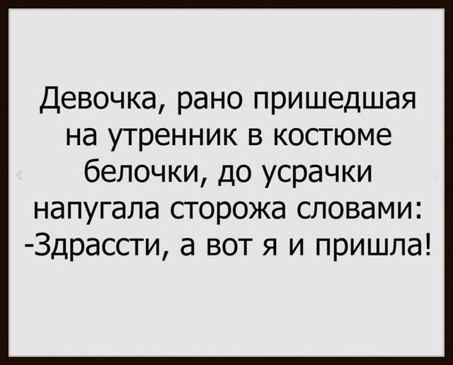 Девочка рано пришедшая на утренник в костюме белочки до усрачки напугала сторожа словами Здрассти а вот я и пришла