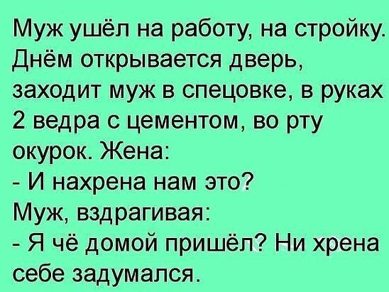 Муж ушёл на работу на стройку Днём открывается дверь заходит муж в спецовке в руках 2 ведра с цементом во рту окурок Жена И нахрена нам это Муж вздрагивая Я чё домой пришёл Ни хрена себе задумался