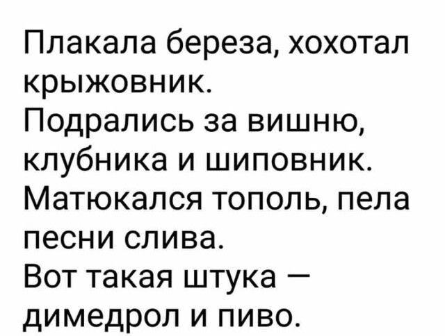 Плакала береза хохотал крыжовник Подрались за вишню клубника и шиповник Матюкался тополь пела песни слива Вот такая штука димедрол и пиво