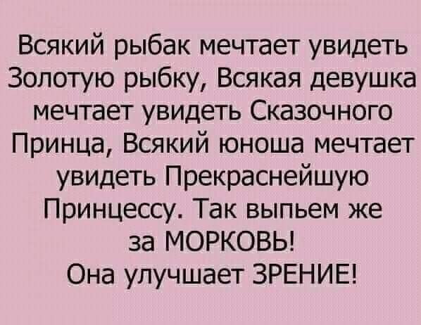 Всякий рыбак мечтает увидеть Золотую рыбку Всякая девушка мечтает увидеть Сказочного Принца Всякий юноша мечтает увидеть Прекраснейшую Принцесщ Так выпьем же за МОРКОВЬ Она улучшает ЗРЕНИЕ
