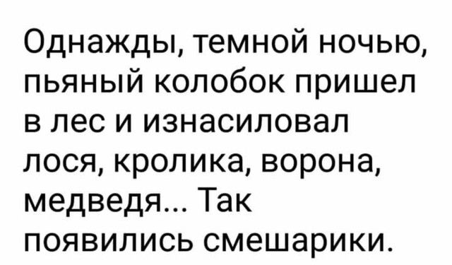Однажды темной ночью пьяный колобок пришел в лес и изнасиловал лося кролика ворона медведя Так появились смешарики
