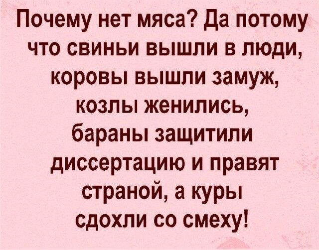 Почему нет мяса да потому что свиньи вышли в люди коровы вышли замуж козлы женились бараны защитили диссертацию и правят страной а куры сдохли со смеху