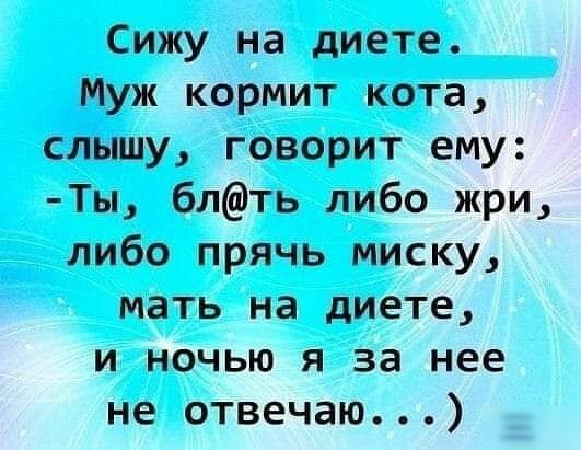 Сижу на диете Муж кормит кота слышу говорит ему Ты блть либо жри либо прячь миску мать на диете и ночью я за нее не отвечаю