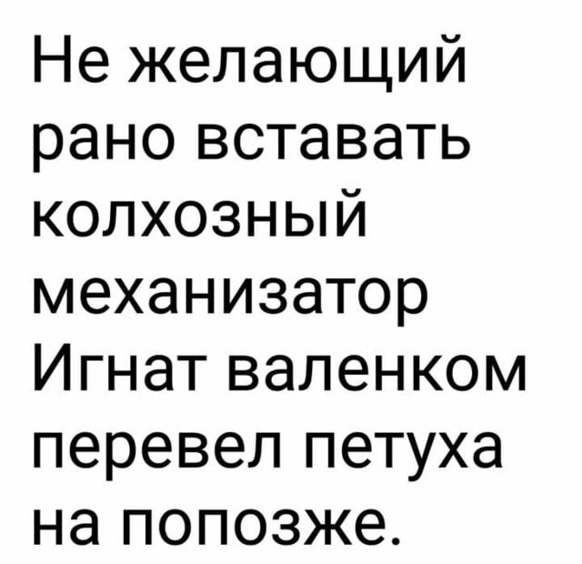 Не желающий рано вставать колхозный механизатор Игнат валенком перевел петуха на попозже