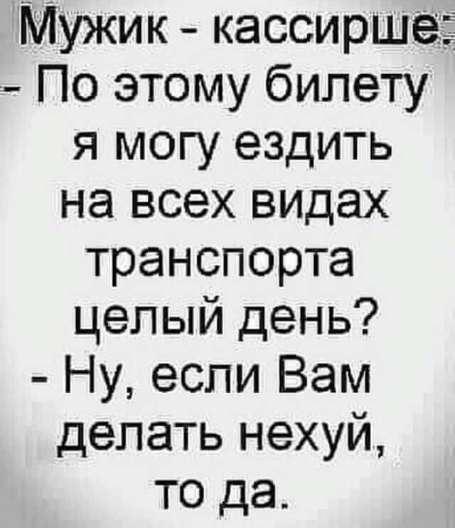 МуЖик кассирша По этому билету я могу ездить на всех видах транспорта целый день Ну если Вам делать нехуй то да