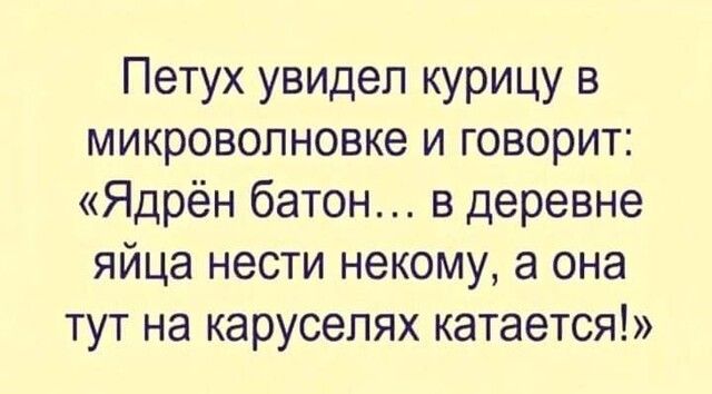 Петух увидел курицу в микроволновке и говорит Ядрён батон в деревне яйца нести некому а она тут на карусепях катается