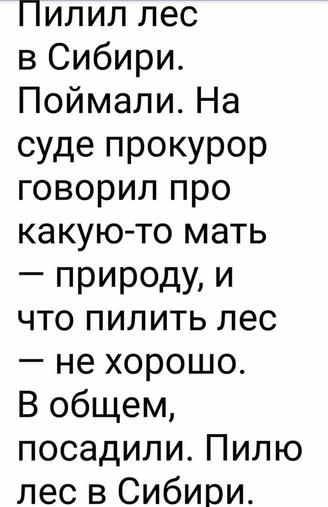 Пилил лес в Сибири Поймали На суде ПРОКУРОР говорил про какую то мать природу и что пилить лес не хорошо В общем посадили Пилю лес в Сибири