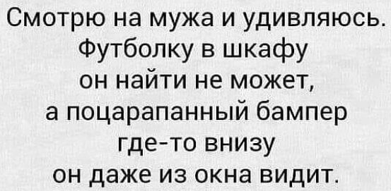 Смотрю на мужа и удивляюсь Футболку в шкафу он найти не может а поцарапанный бампер гдето внизу он даже из окна видиті
