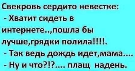 Свекровь сердито невестке Хватит сидеть в интернетепошла бы лучшегрядки полила Так ведь дождь идетмама Ну и что плащ надень