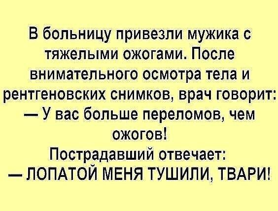 В больницу привезли мужика с тяжелыми ожогами После внимательного осмотра тела и рентгеновских снимков врач говорит У вас больше переломов чем ожогов Пострадавший отвечает ЛОПАТОЙ МЕНЯ ТУШИПИ ТВАРИ