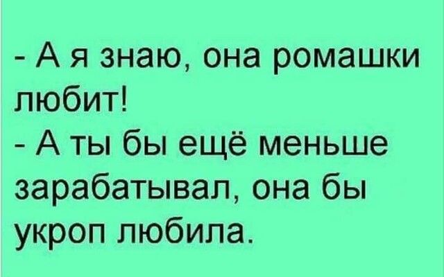 А я знаю она ромашки любит А ты бы ещё меньше зарабатывал она бы укроп любила