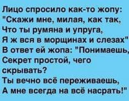 Лицо спросила как то жопу Скажи мне милая как так Что ты румяна и упруга Я ж вся в морщинах и слезах В ответ ей жопа Понимаешь Секрет простой чего скрывать Ты вечно всё переживаешь А мне всегда не всё насрать