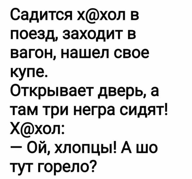 Садится ххол в поезд заходит в вагон нашел свое купе Открывает дверь а там три негра сидят ххол Ой хлопцы А шо тут горело