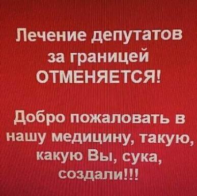 Печение депутатов за границей ОТМЕНЯЕТСЯ добро подкапбват в нашу медицину тёкую какую Вы сука создали