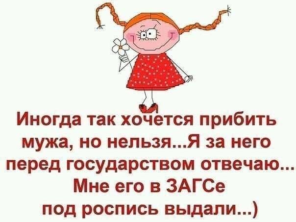 Иногда так хочется прибить мужа но нельзяЯ за него перед государством отвечаю Мне его в ЗАГСе под роспись выдали