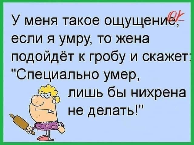У меня такое ощущениЁЁ если я умру то жена подойдёт к гробу и скажет Специально умер лишь бы нихрена не делать
