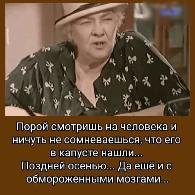 Порой смотришь на человека и НИЧУТЬ не сомневаешься ЧТО его В КЭПУСТе нашли Поздней осенью Да ещё и с обмороженными мозгами