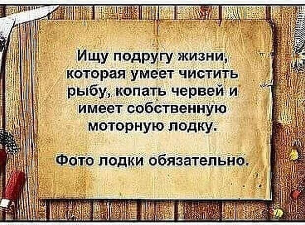 Ищу подругу жизни КОТорая уМёет чистит ь рыбу копать червей и имеет Собственную моторную лодку Фотс лодки обязательна