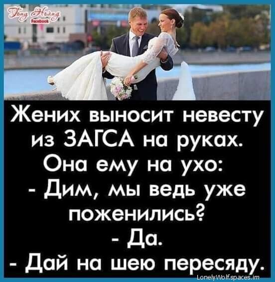 Жених выносит невесту из ЗАГСА на руках Оно ему на ухо Дим мы ведь уже поженились До Дай на шею пересяду Шпвхушыгзракез 4