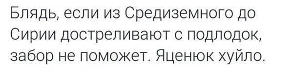 Блядь если из Средиземного до Сирии достреливают с подлодок забор не поможет Яценюк хуйло