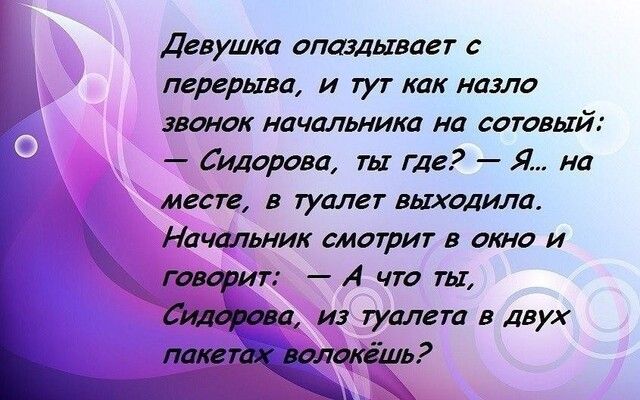 Девушка опаздывает с перерыва и тут как назло звонок начальника на сотовый Сидорова ты где Я на месте в туалет выходила Начальник смотрит в ото и акт фит А что ты _п из туштета в двух