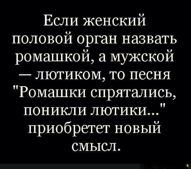 Если женский половой орган назвать ромашкой а мужской лютиком то песня Ромашки спрятались поникли лютики приобретет новый смысл