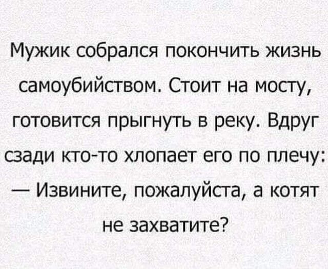 Мужик собрался покончить жизнь самоубийством Стоит на мосту готовится прыгнуть в реку Вдруг сзади ктото хлопает его по плечу Извините пожалуйсга а котят не захватите