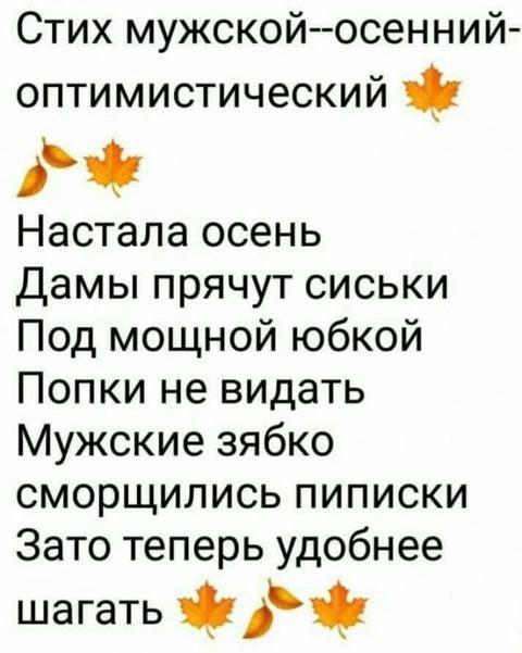 Стих мужской осенний оптимистический АЧ Настала осень Дамы прячут сиськи Под мощной юбкой Попки не видать Мужские зябко сморщились пиписки Зато теперь удобнее шагать д