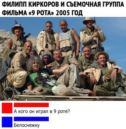 ФИЛИПП КИРКОРОВ И СЪЕМОЧНАЯ ГРУППА ФИЛЬМА 9 РОТА 2005 ГОД Ё А кого он играл в 9 роте _ Бепоснежку