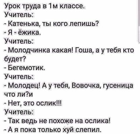 Урок труда в 1м классе Учитель Катенька ты кого лепишь Я ёжика Учитель Молодчинка какая Гоша а у тебя кто будет Бегемотик Учитель Молодец А у тебя Вовочка гусеница что ли7и Нет это ослик Учитель Так ведь не похоже на ослика А я пока только хуй слепил