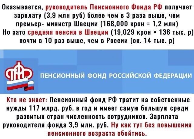 Оказывается руководитель Пенсионного Фонда РФ получает зарплату 39 млн руб более чем в 3 раза выше чем премьер министр Швеции 160000 крон 12 млн Но зато средняя пенсия в Швеции 19029 крон 136 тыс р почти в 10 раз выше чем в России он 14 тыс р Кто не знает Пенсионный фонд РФ тратит на собственные нужды 111 млрд руб в год и имеет самую Большую среди развитых стран численность сотрудников Зарплата ру