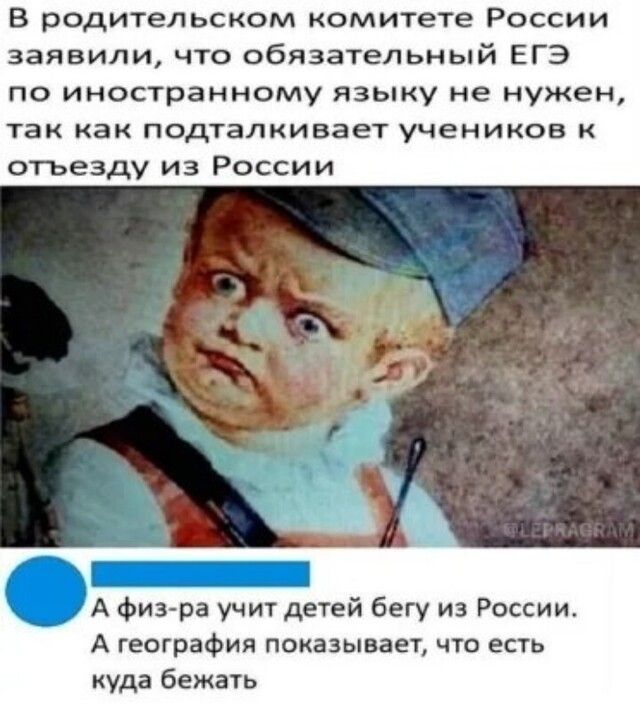 В родительском комитете России заявили что обязательный ЕГЭ по иностранному языку не нужен так как подталкивает учеников К отъезду из России А физ ра учит детей бегу из России А география показывает что есть куда бежать