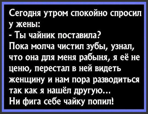 Сегодня утром спокойно спросил у жены Ты чайник поставила Пока молча чистил зубы узнал что она для меня рабыня я её не ценю перестал в ней видеть женщину и нам пора разводиться так как я нашёл другую Ни фига себе чайку попил