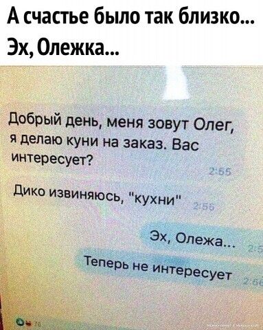 А счастье было так близко Эх Олежка _ Добрый день меня зовут Олег я делаю куни на заказ Вас интересует дико извиняюсь кухни ЭХ Опежа Теперь не Йнтересует _