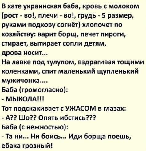 В хате украинская баба кровь с молоком рост но плечи на грудь 5 размер руками подкову согнёт хлопочет по хозяйству варит борщ печет пироги стирает вытирает сопли детям дрова носит На лавке под тулупом вздрагивая тощими коленками спит маленький щупленький мужичонка Баба громогласно МЫКОЛА Тот подскакивает УЖАСОМ в глазах А Шо Опять ибстись Баба с нежностью Та ни Ни боись Иди борща поешь ебака грозн