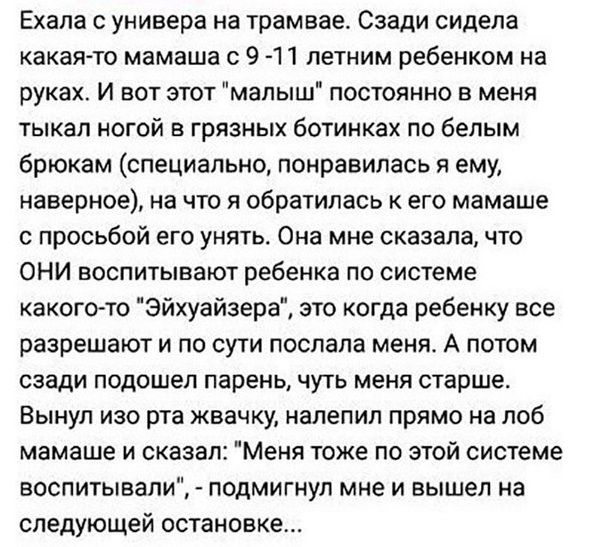 Ехала с универа на трамвае Сзади сидела какая то мамаша с 9 1 летним ребенком на руках И вот этот малыш постоянно в меня тыкал ногой в грязных ботинках по белым брюкам специально понравилась я ему наверное на что я обратилась к его мамаше с просьбой его унять Она мне сказалачто ОНИ воспитывают ребенка по системе какого то Эйхуайзера это когда ребенку все разрешают и по сути послала меня А потом сз