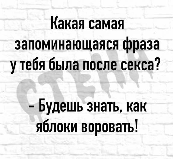 Какая самая запоминающаяся фраза у тебя была после секса Будешь знать как яблоки воровать