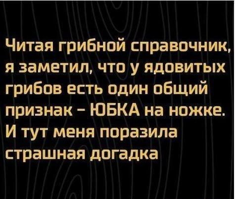 Читая грибной справочник я заметил что у ядовитых грибов есть один общий признак ЮБКА на ножке И тут меня поразила страшная догадка
