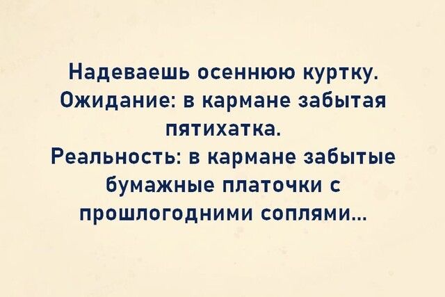 Надеваешь осеннюю куртку Ожидание в кармане забытая пятихатка Реальность в кармане забытые бумажные платочки с прошлогодними соплями