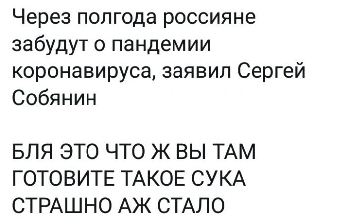 Через полгода россияне забудут о пандемии коронавируса заявил Сергей Собянин БЛЯ ЭТО ЧТО Ж ВЫ ТАМ ГОТОВИТЕТАКОЕСУКА СТРАШНО АЖ СТАЛО