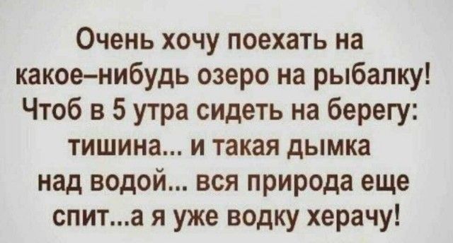 Очень хочу поехать на какоенибудь озеро на рыбалку Чтоб в 5 утра сидеть на берегу тишина и такая дымка над водой вся природа еще спита я уже водку херачу