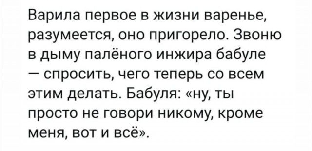 Варила первое в жизни варенье разумеется оно пригорело Звоню в дыму палёного инжира бабупе спросить чего теперь со всем этим делать Бабуля ну ты просто не говори никому кроме меня вот и всё_
