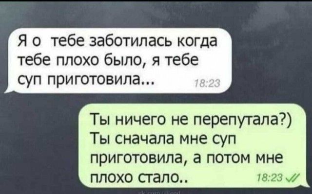 Я о тебе заботилась когда тебе плохо было я тебе суп приготовила Ты ничего не перепутала Ты сначала мне суп приготовила а потом мне плохо стало ш гэж