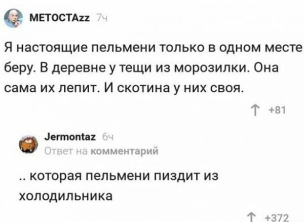 мвтостдн Я настоящие пельмени только в одном месте беру В деревне у тещи из морозилки Она сама их лепит И скотина у них своя Т 81 плоти коммсншрии КОТОРЗЯ пельмени ПИЗДИТ из холодильника Т 312