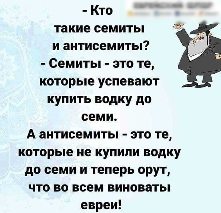 Кто такие семиты и антисемиты Семиты это те которые успевают купить водку до семи А антисемиты это те которые не купили водку до семи и теперь орут что во всем виноваты евреи