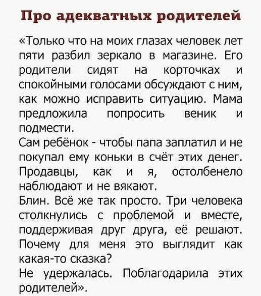 Про адекватных родителей Только что на моих глазах человек пет пяти разбил зеркало в магазине Его родители сидят на корточках и спокойными голосами обсуждают с ним как можно исправить ситуацию Мама предложила попросить веник и подмести Сам ребёнок чтобы папа заплатил и не покупал ему коньки в счёт этих денег Продавцы как и я осголбенепо наблюдают и не вякают Блин Всё же так просто Три человека сто