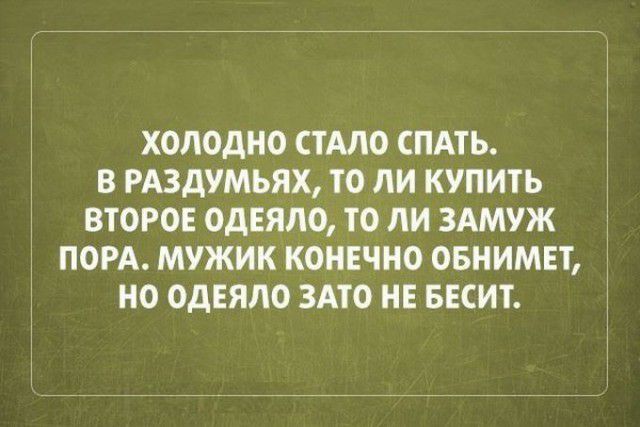 В РАЗДУМЬЯХ ТО ЛИ КУПИТЬ ВТОРОЕ ОДЕЯЛО ТО ЛИ ЗАМУЖ ПОРА МУЖИК КОНЕЧНО ОБНИМЕТ холодно стАло СПАТЬ но ОдЕЯЛО 3Ато не весит