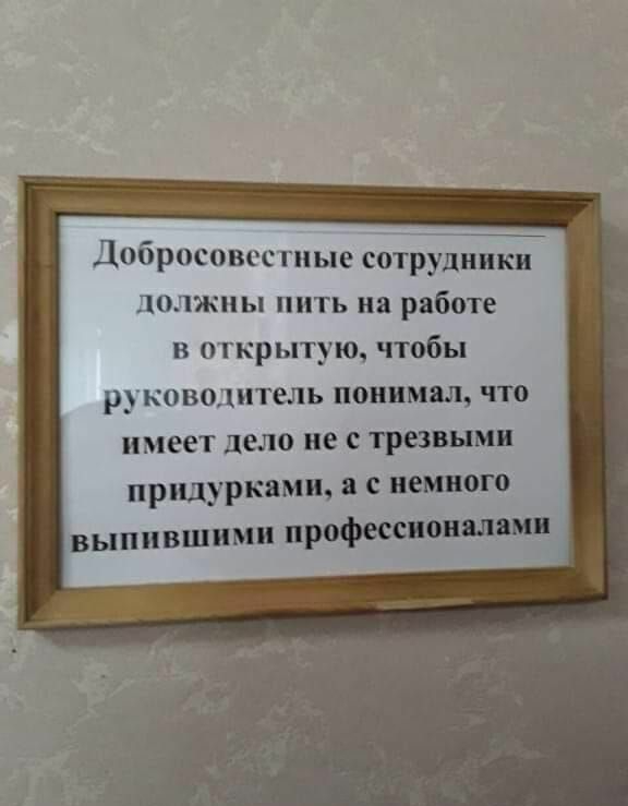 Добросовссгпые сотрудники _1о1жпы пить на работе В О ГКрЬТ_Ю ЧТОбЬ р ковоштель понимал что имеет дело не с трезвыми придурками с немного В ы П ВШИ М профессионалами